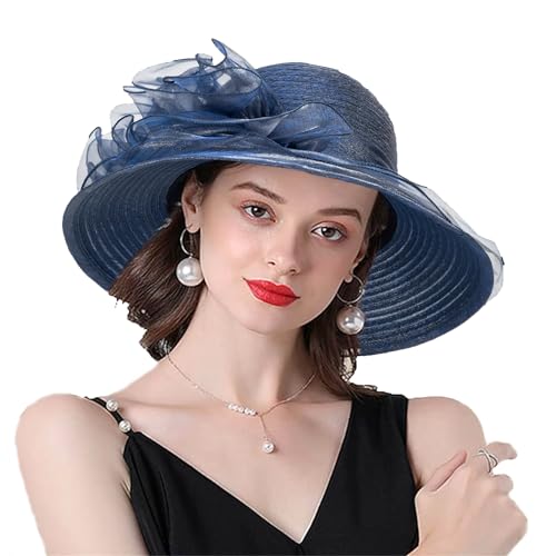 Chapéus de organza para mulher, chapéu de sol de Kentucky para o verão, aba larga, cocar de flores, chapéu de igreja, chapéu Derby para casamento, noiva, festa de chá, Azul-marinho com decoração de