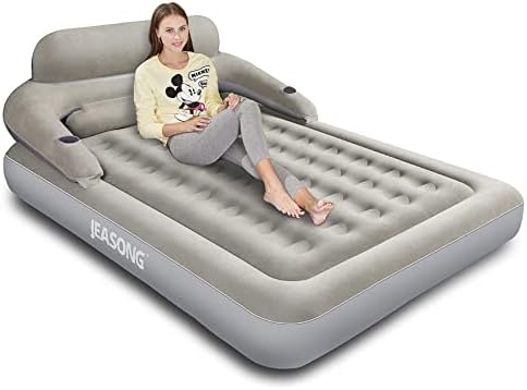 JEASONG Air Mattress with Headboard, Fast Inflation/Deflation Inflatable Airbed, 9 Inches High Blow Up Bed with Comfortable Flocked Top for Home Guest Travel Camping (Queen Grey)