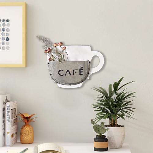 SOFE Coffee Cup Wall Mounted Vase, Rustic White Metal/Wood Vases for Flowers, Small Hanging Planters Indoor, 3D Wall Art for Living Room, Bedroom, 9.8