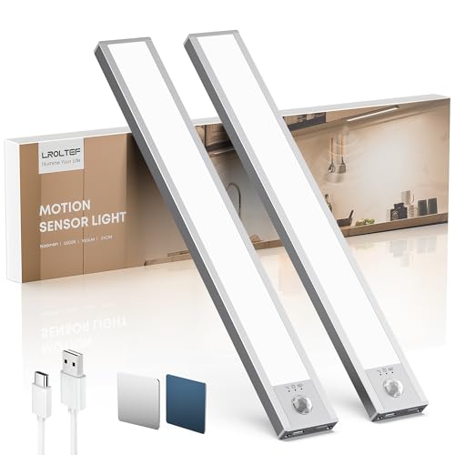 Image of LROLTEF Aluminium Under Cabinet Kitchen Lights, Motion Sensor Dimmable 21cm 1500mAh 6500K LED Under Counter Rechargeable Wardrobe Indoor Night Lights for Kitchen Shelf Stairs Closet 2 Pack