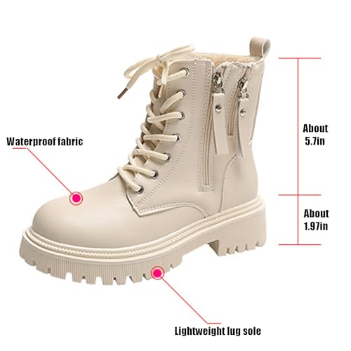 Women's Leather Lace Up Combat Platform Ankle Boots with Double Side Zipper Classic Round Toe Chunky heel Lug Sole Non-Slip Mid Calf Booties3