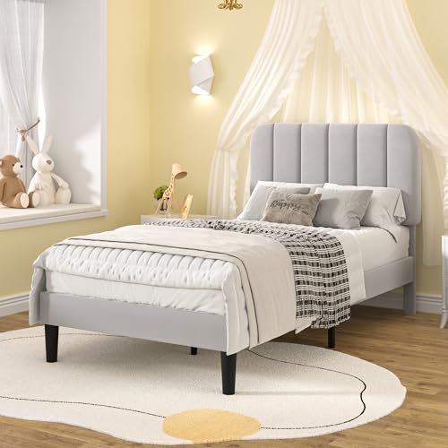Image of VECELO Twin Size Bed Frame with Upholstered Headboard, Velvet Platform Bedframe Mattress Foundation, Strong Wood Slat Support, No Box Spring Needed,Light Grey