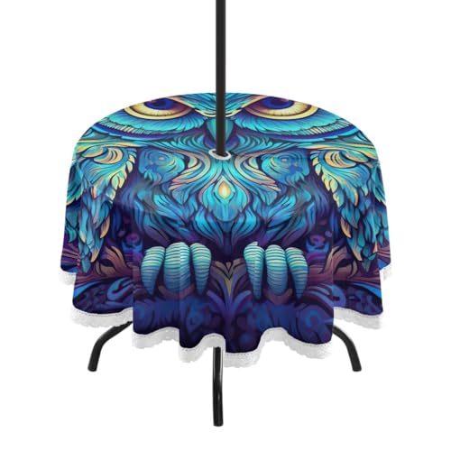 Wajiw 60 Inch Indoor Outdoor Round Tablecloth with Umbrella Hole and Zipper Waterproof Patio Table Cover for Camping Dining Room Party Outdoor Picnic,Owl