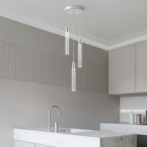Image of Modern Light Fixture Kitchen Island Pendant Light Dimmable LED Chrome Pendant Lights Mini Crystal Pendant Lighting for Bedroom Dining Room Living Room(3-Light )