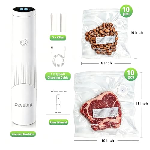 Ozvulop Smart Vacuum Sealer for Food with LED Display (Vacuum Sealer Machine + 20 Reusable Bags), 80kPa Strong Suction Handheld Vacuum Sealer Machine Portable Seal Meal Saver for Meal Prep(White) - image 8
