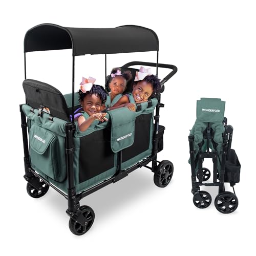 Image of WONDERFOLD W4 Elite Stroller Wagon (4 Seater) - Collapsible Wagon Stroller with Seats with 5-Point Harnesses, Adjustable Push Handle, and Removable UV Sun Canopy, Hunter Green