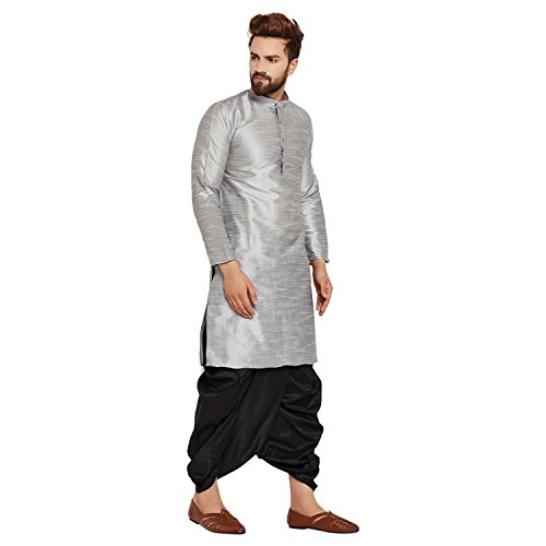 Image of SOJANYA (Since 1958 Men's Off-White and Gold Dupion Silk Dhoti Kurta Set