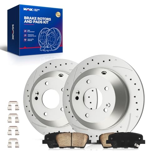 Image of KAX Rear Brake Kit, Drilled and Slotted Brake Rotors, Ceramic Brake Pads | Fits Kia Sorento 2011-2014, Hyundai Santa Fe 2010-2016, Automotive Replacement Brake Kit