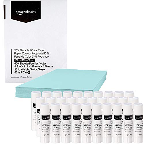 AmazonBasics 50% Recycled Color Printer Paper - Blue, 8.5 x 11 Inches, 1 Ream (500 Sheets) with School Glue Sticks, Washable, 0.24-oz Stick, 30-Pack