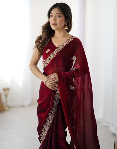 Image of SIRIL Women's Tissue Silk Sequence Embroidery Saree with Unstitched Blouse Piece