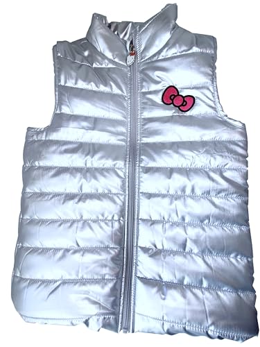 Hello Kitty Puffer Vest for Girls - Silver Sanrio Puffer Vest plus Stickers | Hello Kitty Silver Sleeveless Jacket for School2