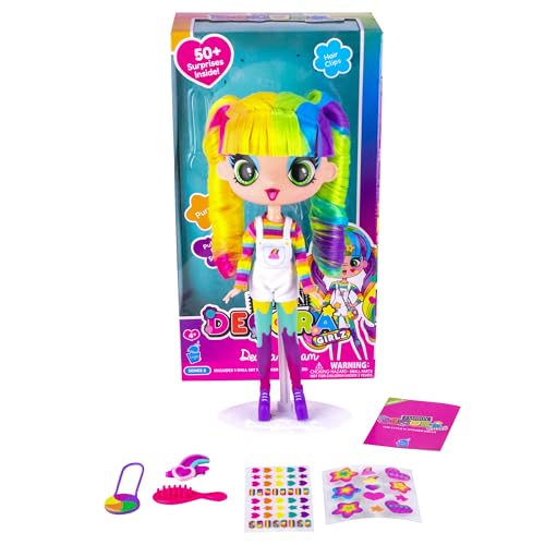 Decora Fashion Girlz Series 2– Decora Dream – 11” Fabric-Costumed Posable Vinyl Doll with Extra-Long Rainbow Hair, 50+ Surprises, Puffy & Flat Removable Stickers, and Accessories