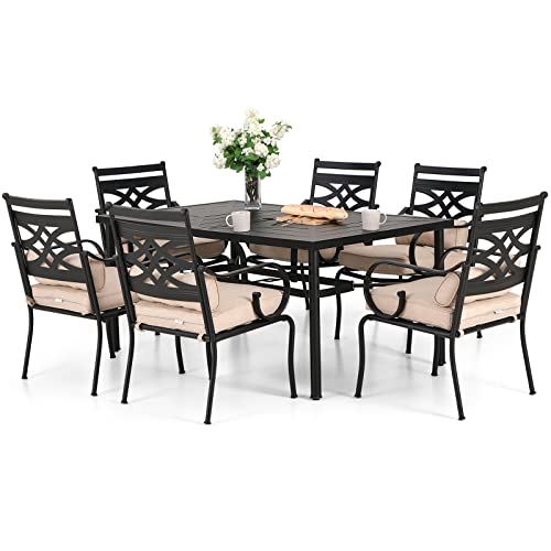 Mfstudio 7 Pieces Outdoor Patio Dining Set For 6, Steel Frame Slat Larger Rectangular Fretwork Table With 1.77" Umbrella Hole And 6 Stackable Metal Mesh Chairs For Backyard, Garden, Lawn #TOP22