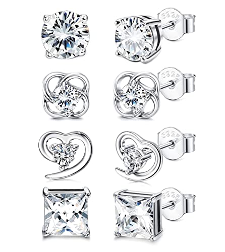 KALVICA Lot de 4 paires de boucles d'oreilles à tige en argent sterling 925 pour femmes et filles - Petites boucles d'oreilles à tige en oxyde de zirconium - Hypoallergéniques, Argent sterling