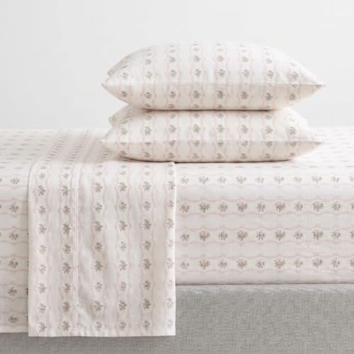 Image of Martha Stewart - Twin Sheet Set with Fitted Sheet & Pillowcase, Soft Cotton Flannel Bedding, Deep Pocket, Vintage Rose Pink