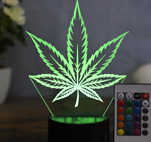 Optechvisual Weed LED Lampe – 3D Nachtlicht im Cannabis-Look mit Farbwechsel & Fernbedienung – Lustiges Geschenk für Weed-Fans – Hanfblatt Deko Licht für Wohnzimmer, Party & Festival – Acryl