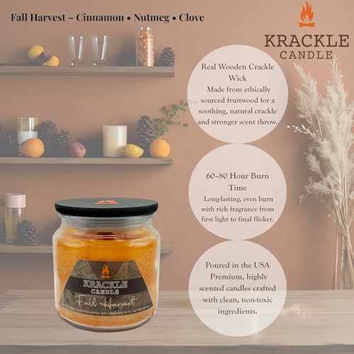 Image of Krackle Candle | Fall Harvest | 16 oz Scented Candle with Natural Crackling Wooden Wick | Poured in the USA | Cinnamon, Nutmeg & Clove Fragrance