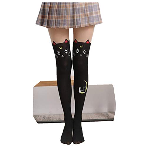 Black Sugar Collant Tatuaggio Gatto Coniglio Orso Panda Bianco Nero Bicolore Pelle Fiocco Farfalla Donna Ragazza Adulto Adolescente Opaco Kawai Giapponese Carino Taglia Unica, Lune Chat, Taglia unica