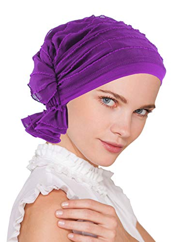 Abbey Cap Womens Chemo Hat Beanie Scarf Turban Headwear for Cancer Ruffle Purple Plum