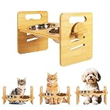 10° Elevated Cat Bowls for Food and Water Set Raised Cats Dishes for Indoor 3 Different Heights Bamboo Cats Feeding Stand Anti Whisker Fatigue for Cat and Puppy (1Pcs Bamboo, 2Bowls)