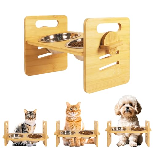 10° Elevated Cat Bowls for Food and Water Set Raised Cats Dishes for Indoor 3 Different Heights Bamboo Cats Feeding Stand Anti Whisker Fatigue for Cat and Puppy (1Pcs Bamboo, 2Bowls)