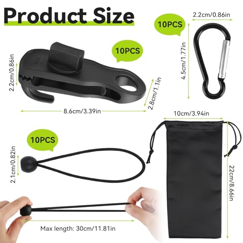 30 Stück Tarp Clips Set, Planenspanner Planenbefestigung mit 10 Zelt Bungees Schnüre und 10 Karabiner Clips, Haiförmige Planenclips, Tarp Clip Clamp für Zelte, Vordächer, Wohnmobil – Bild 3