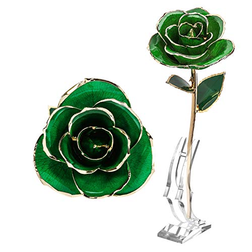 Artificial Flowers,Resin Preserved Rose with Leaf and Base,Gold Dipped Infinity Rose Last Forever Flower Decor,for Wedding Bouquets Anniversary Party Office,Green - Image 3