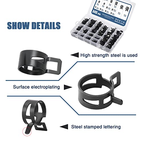 Faankiton 345PCS 14 Sizes 5-22mm Fuel Line Hose Clips Water Pipe Air Tube Silicone Vacuum Hose Clamp Fastener Assortment Kit - Image 4