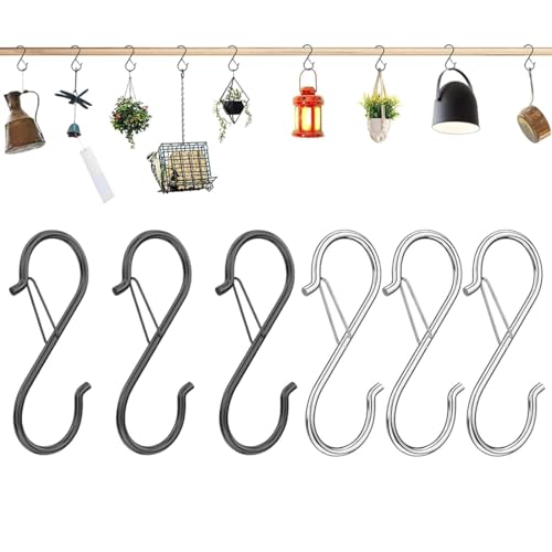 FENQURO 6 Pezzi ganci a S con Fibbia di Sicurezza, gancio in Acciaio Inox, uncino metallo doppio, Gancetti per Appendere Tazze, Cucina Pentole e Ciotole, Guardaroba Vestiti Asciugamani