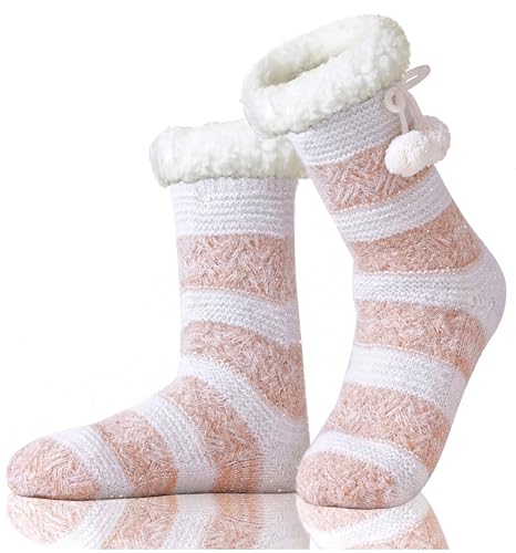 Hisonwel Women Slipper Socks UK4-8 Non Slip Fuzzy Fluffy Thick Warm Cabin Cozy Comfy Soft Fleece Home Grips Socks (Beige Adult Women One Size)