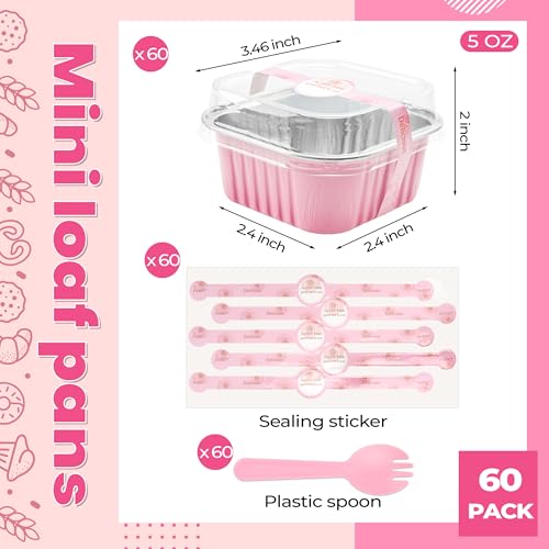 LOKQING 60 Pack Mini Cake Pans with Lids Foil Pans Square Aluminum Pans with Lids Cupcake Liners for Birthday Wedding, Graduation Gifts Party Favors (Pink, 5 oz) by LOKQING - Used condition - Image 3