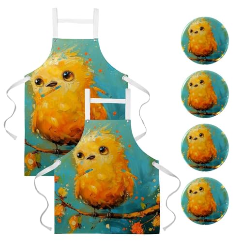 Tablier en lin motif petit oiseau lot de 2 avec poches réglables pour homme et femme