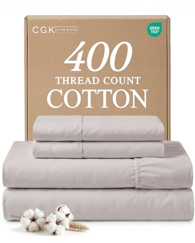 100% Cotton Sheets Queen - 4 Piece 400 Thread Count Smooth Sateen Sheet Set - Long Staple Cotton Bed Set - Soft, Comfy & Breathable - 1 Flat & 1 Fitted & 2 Pillowcases with Deep Pockets - Light Grey