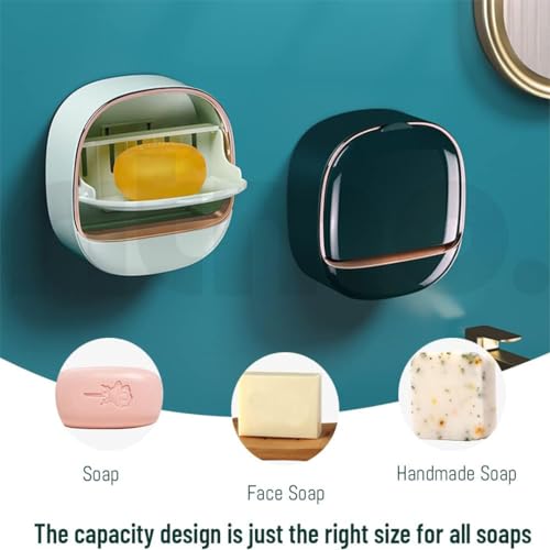 Image of Ritmo Soap Dish - Space Saving Waterproof Wall Mounted Box for Shower With Drain and Flip Lid (Dark Green)