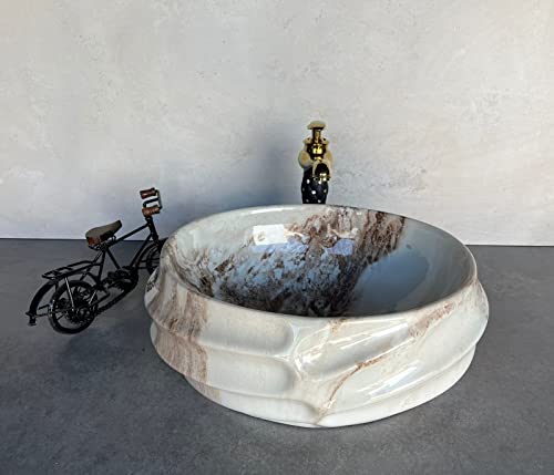 Image of Designer Glossy Finish Ceramic Art Table Top Wash Basin For Bathroom | Collapsible Countertop Washbasin (Black White Glossy Art, 16 x 13 x 6 Inch)