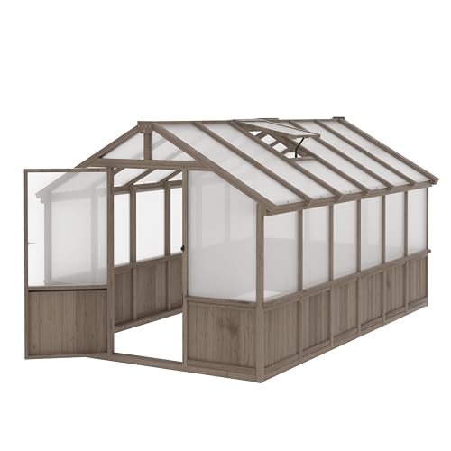 Image of MUPATER 8' x 12' Outdoors Walk-in Greenhouse, Wood Greenhouse with Ventilated Window and Lockable Door, 6mm Polycarbonate Panels for UV Protection and Heat Insulation,Suitable for Patio, Backyard