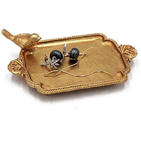Funly mee Antique Trinket Dish Vintage Golden Metal Jewelry Tray with Bird, Ring Holder Cover