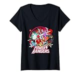 20HBPR00059A-003 Femme Power Rangers Vintage Comic Style Group Action Circle T-Shirt avec Col en V