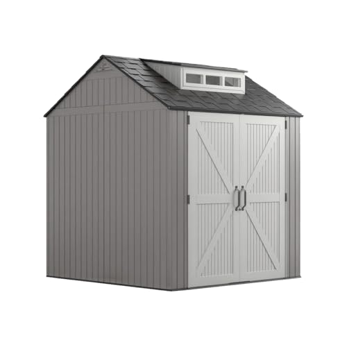 Large Resin Outdoor Storage Shed with Floor (7-10.5 Ft) - Weatherproof Double Wall Construction for Lawn Mowers, Garden Tools, Bike & Pool Supplies, Lockable (Grey, 7x7 FT)