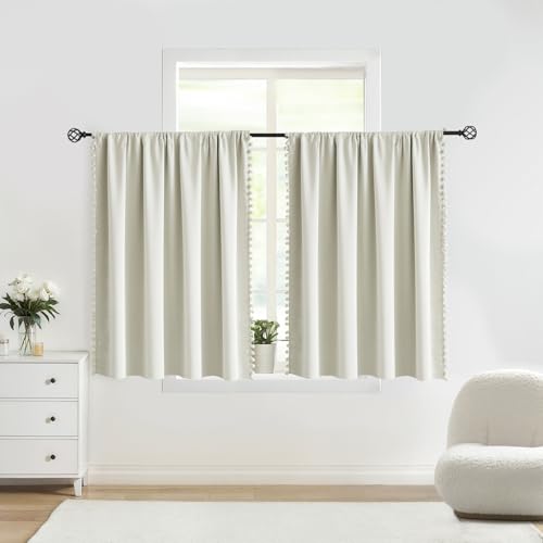 Image of Treatmentex Pompom Blackout Window Curtain Panels Natural Ivory Full Blackout Curtains for Bedroom Basement Small Windows 52 inch W x 45 inch L 2 Panels Rod Pocket