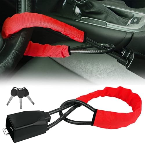 Volante Antirrobo Bloqueo para Coche, Cerradura del Volante Antirrobo Dispositivo Seguridad Doble, Barra de Contra Robo, Candado de Seguridad para Coches, Camiones, SUV, Furgonetas, Rojo, con 3 Llaves
