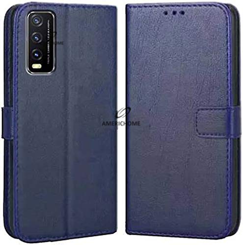 Image of Inside Rubber TPU with Card Pockets Magnetic Closure Protection Compatible with Vivo Y20, Y20i, V2027, V2029 (Blue)