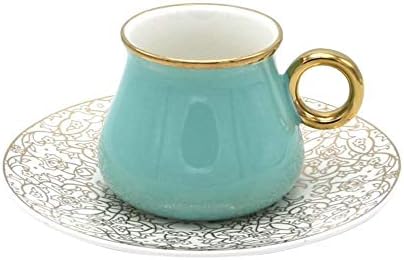 Luxury Bone China Espresso Turkish Coffee Set of 6 Cups + Saucers (Teal on White Floral Saucer)