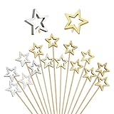 ZMZaoan 100 Unidades Palitos de Cóctel Estrellas Doradas y Plateadas - Brochetas Decorativas de Madera para Cóctel - para Navidad, Ramadán, Eid (Estrella de Cinco Puntas)
