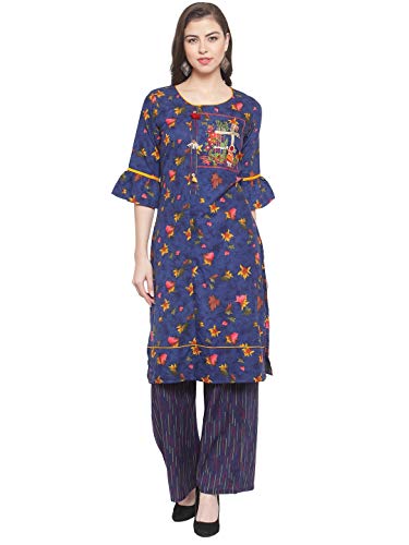 Aujjessa Women's Rayon Embroidered Kurta with Palazzo Set (Blue)