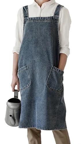 BCHWAY FAMILY Denim Apron with Large Pockets for Cooking Kitchens Gardening Aprons for Women Men Bib Jean Apron for Arts Cafe Work (Style B Deep Blue)