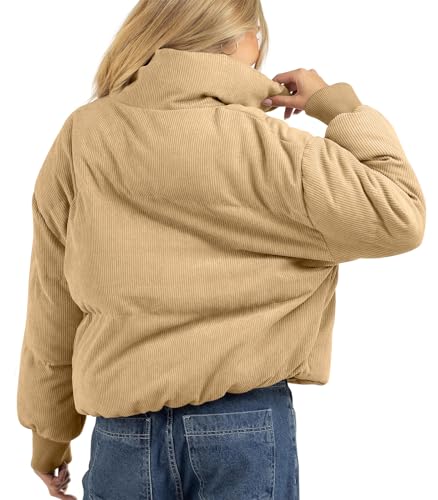 Fisoew Women's Corduroy Quilted Puffer Jackets Long Sleeve Zip Up Stand Winter Down Coat with Pockets3