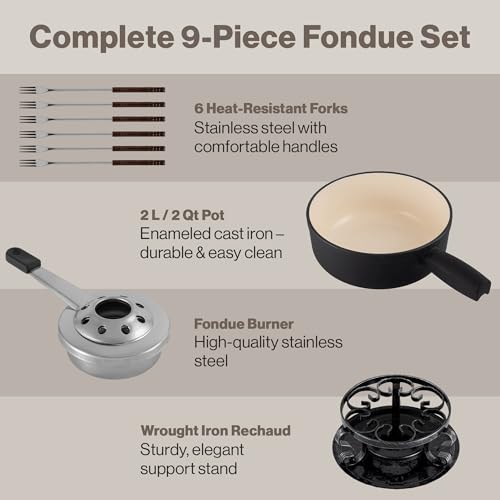 Image of Swissmar Lugano Cast Iron Cheese Fondue Set, 9-Piece, 2 QT / 2 L - Ideal for Melting Cheese, Chocolates, Caramel, & More - Perfect for Kitchen Collection & Gift Giving - Matte Black