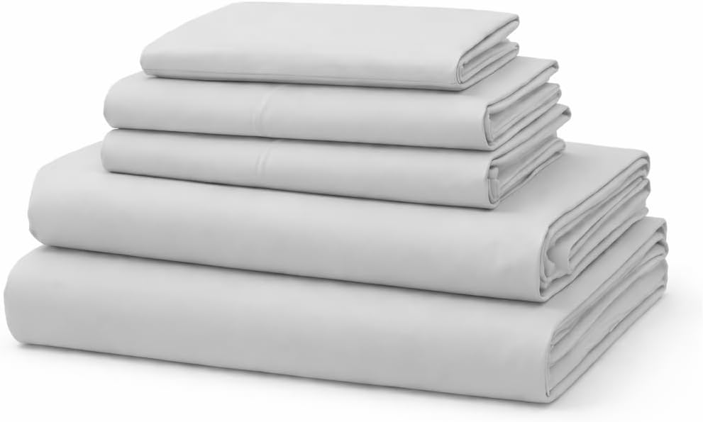 Mattress-Homes 6 Piece California King Sheet Set with 4 Pillowcases, 100% Cotton Sheets, Cooling Sateen Weave, Luxury Deep Pocket Bedsheets Set, Light Grey Solid