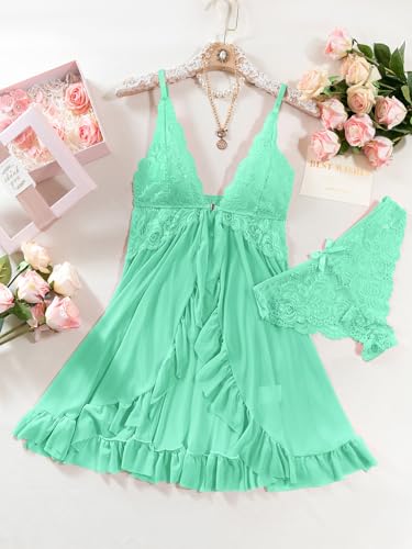 Image of Foxiny Sexy Open Front V Neck Ruffle Sheer Mesh Lace Wireless Babydoll Lingerie Dress with Thong 2 Piece